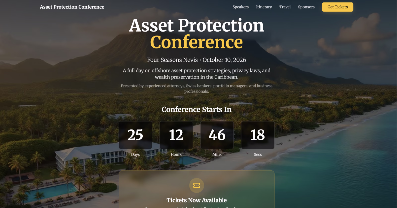 Asset Protection Conference event website with countdown timer and ticket call to action built by Hunter Scales